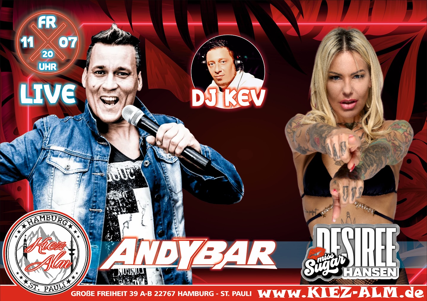 🌴 AM FREITAG DEN 11.07.25 🍺 @andybar_offiziell & @desireehansen LIVE 🎙️ IN DER KIEZ ALM HAMBURG 🤩
@deejaytaft wird alles geben um Euch zu Unterhalten und gemeinsam die Alm zum WACKELN zu bringen !
Wir freuen uns auf Dich!
KOMM IN DEINEN #lieblingsclub
KOMM IN DEINEN #lieblingsclub !
#kiezalmhamburg #kiezalm #großefreiheit #reeperbahnhamburg #kiez #hamburg #stpauli #wirsindparty #hamburgerkiez #juli #ballermannparty #wirsindmalle #wirsindhamburg #welovemallorca #saufisaufi #ballermann #wirsindhamburg #abriss #assiabergeil #livemusic #liveacts #bierkönig #oberbayern #megapark