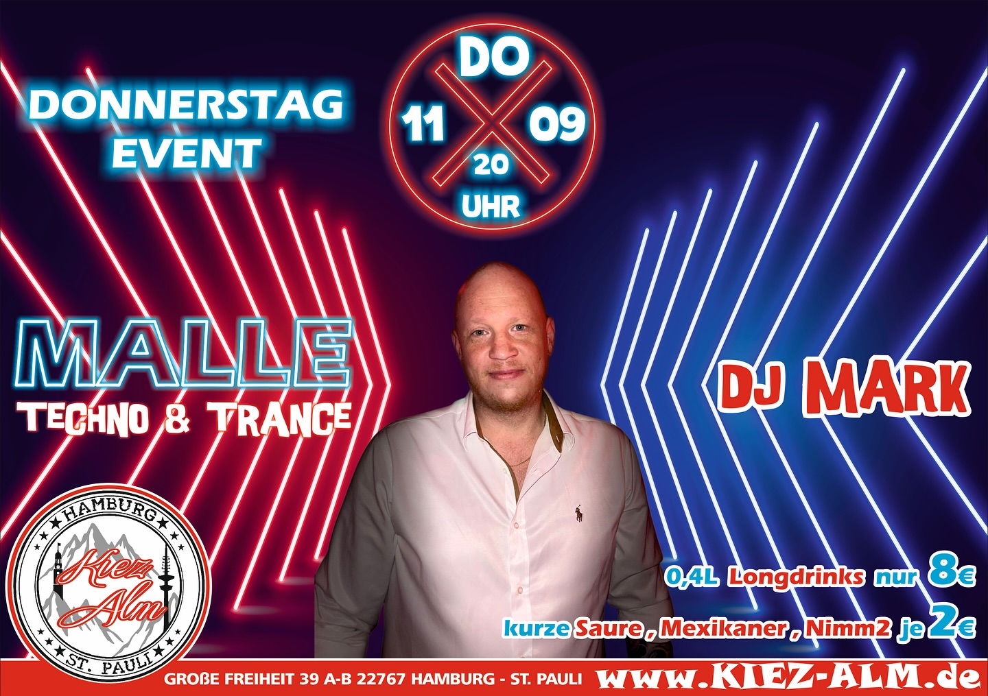 🤩 AM DONNERSTAG DEN 11.09.25 AB 20 UHR 🍺 MALLE MEETS TECHNO & TRANCE 🪩 MIT DJ MARK
-ALLE 0.4L LONGDRINKS NUR 8€
-Kurze Saure, Mexikaner & Nimm2 je 2€
Wir freuen uns auf Dich!
KOMM IN DEINEN #lieblingsclub
#kiezalmhamburg #kiezalm #großefreiheit #reeperbahnhamburg #kiez #hamburg #stpauli #wirsindparty #hamburgerkiez #saufisaufi #ballermannparty #wirsindmalle #wirsindparty #malle #mallorcaparty #mallorcapartysdeutschland #abfahrt #hamburgmeineperle #partybiszumabwinken #sangria #mallefieber #party #partyhard #abriss #saufisaufi #moinmoin #partyhamburg