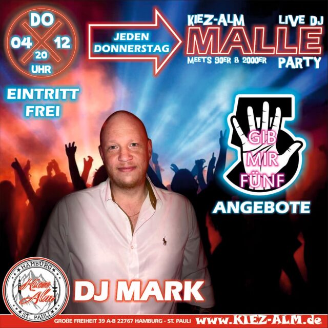 🥳 KIEZ ALM MALLE PARTY 🤩 JEDEN DONNERSTAG AB 20 UHR 🪩 MIT DJ @marknightish - EINTRITT FREI
👋 GIB MIR FÜNF 👋
Mexikaner - 1€
Sion Kölsch 0.2L - 2€
Bier 0.3L - 3€
Korn Cola 0.4L - 4€
Vodka Energy - 5€
Wir freuen uns auf Dich!
KOMM IN DEINEN #lieblingsclub
#kiezalmhamburg #kiezalm #großefreiheit #reeperbahnhamburg #kiez #hamburg #stpauli #wirsindparty #hamburgerkiez #saufisaufi #ballermannparty #wirsindmalle #student #malle #mallorcaparty #mallorcapartysdeutschland #abfahrt #hamburgmeineperle #partybiszumabwinken #sangria #mallefieber #party #partyhard #abriss #saufisaufi #moinmoin #partyhamburg #student #studentenhamburg