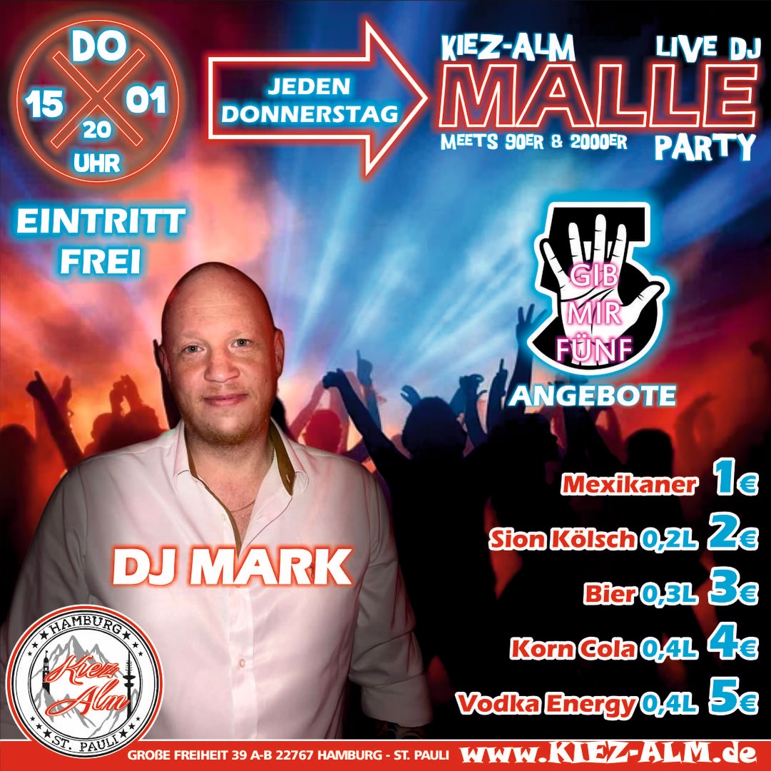 🥳 KIEZ ALM MALLE PARTY 🤩 JEDEN DONNERSTAG AB 20 UHR 🪩 MIT DJ @milkauluemmel - EINTRITT FREI
👋 GIB MIR FÜNF 👋
Mexikaner - 1€
Sion Kölsch 0.2L - 2€
Bier 0.3L - 3€ 
Korn Cola 0.4L - 4€
Vodka Energy - 5€ 

Wir freuen uns auf Dich! 
KOMM IN DEINEN #lieblingsclub

#kiezalmhamburg #kiezalm #großefreiheit #reeperbahnhamburg #kiez #hamburg #stpauli #wirsindparty #hamburgerkiez #saufisaufi #wirsindmalle #student #malle #mallorcaparty #mallorcapartysdeutschland #abfahrt #hamburgmeineperle #partybiszumabwinken #sangria #mallefieber #party #partyhard #abriss #saufisaufi #moinmoin #partyhamburg #student #studentenhamburg