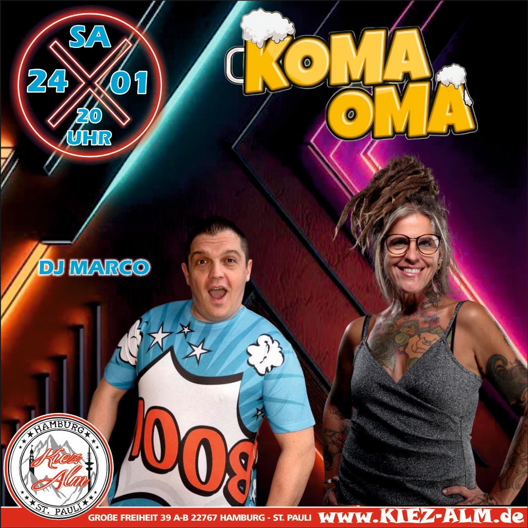 🍺 AM SAMSTAG DEN 24.01 LIVE 🎙️IN DER KIEZ ALM HAMBURG @koma.oma_offiziell 🥳
@dj_marco_meibom wird alles geben um Euch zu Unterhalten und gemeinsam die Alm zum WACKELN bringen ! 
Wir freuen uns auf Dich! 
WIR SIND PARTY ❗️
KOMM IN DEINEN #lieblingsclub
#kiezalmhamburg #kiezalm #großefreiheit #reeperbahnhamburg #kiez #hamburg #wirsindparty #hamburgerkiez #saufisaufi #wirsindmalle #wirsindparty #malle #mallorcaparty #mallorcapartysdeutschland #abfahrt #hamburgmeineperle #partybiszumabwinken #sangria #mallefieber #party #partyhard #abriss #saufisaufi #moinmoin #bierkönig #partyhamburg