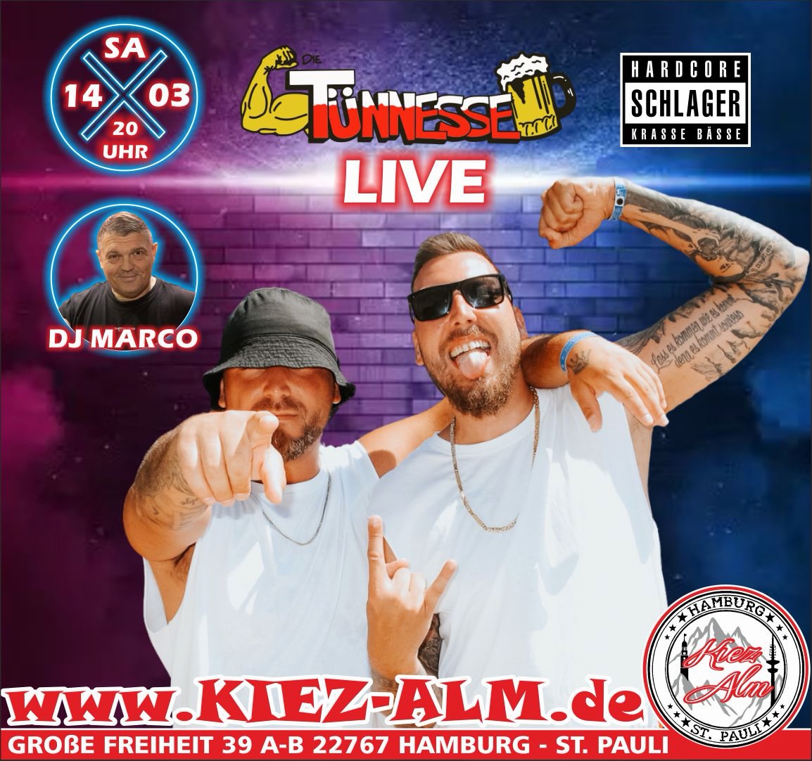 🚀 @die.tuennesse AM SAMSTAG DEN 14.03 LIVE 🎙️IN DER KIEZ ALM HAMBURG 💪⭐️
@dj_marco_meibom wird alles geben um Euch zu Unterhalten und gemeinsam die Alm zum WACKELN bringen ! 
Wir freuen uns auf Dich! 
WIR SIND PARTY ❗️
KOMM IN DEINEN #lieblingsclub
#kiezalmhamburg #kiezalm #großefreiheit #reeperbahnhamburg