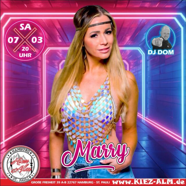 🤩 @marry_offiziell HEUTE AM SAMSTAG DEN 07.03 LIVE 🎙️IN DER KIEZ ALM HAMBURG 🤩
@milkauluemmel wird alles geben um Euch zu Unterhalten und gemeinsam die Alm zum WACKELN bringen ! 
Wir freuen uns auf Dich! 
WIR SIND PARTY ❗️
KOMM IN DEINEN #lieblingsclub
#kiezalmhamburg #kiezalm #großefreiheit #reeperbahnhamburg