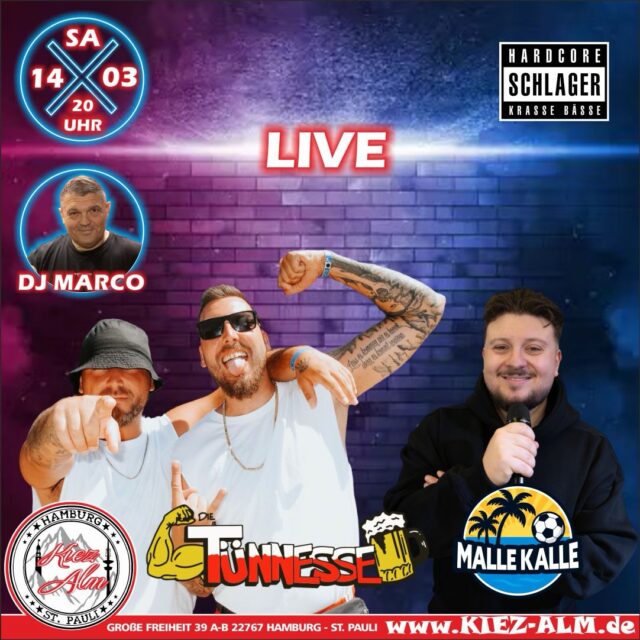 🚀 @die.tuennesse & @mallekalleee AM SAMSTAG DEN 14.03 LIVE 🎙️IN DER KIEZ ALM HAMBURG 💪⭐️
@dj_marco_meibom wird alles geben um Euch zu Unterhalten und gemeinsam die Alm zum WACKELN bringen ! 
Wir freuen uns auf Dich! 
WIR SIND PARTY ❗️
KOMM IN DEINEN #lieblingsclub
#kiezalmhamburg #kiezalm #großefreiheit #reeperbahnhamburg