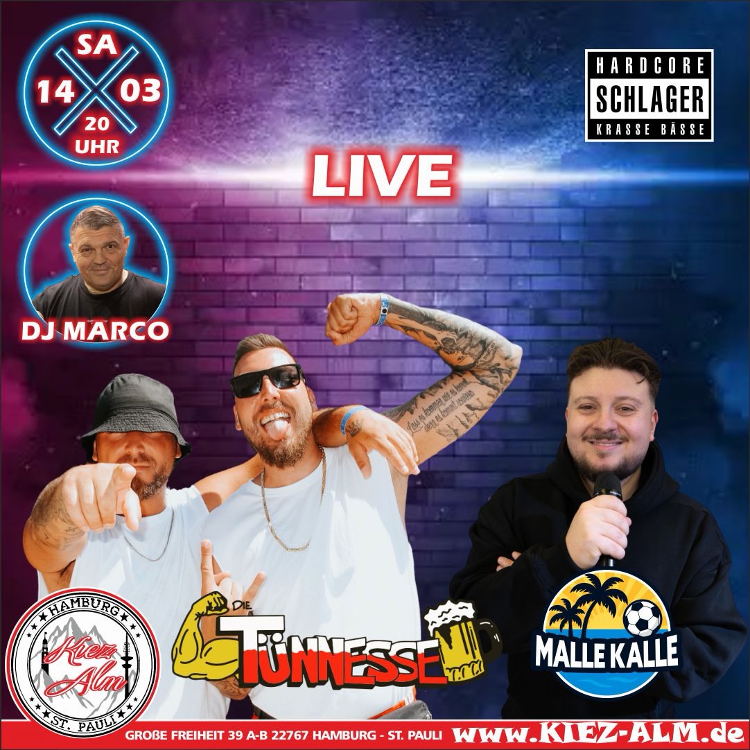 🚀 @die.tuennesse & @mallekalleee AM SAMSTAG DEN 14.03 LIVE 🎙️IN DER KIEZ ALM HAMBURG 💪⭐️
@dj_marco_meibom wird alles geben um Euch zu Unterhalten und gemeinsam die Alm zum WACKELN bringen ! 
Wir freuen uns auf Dich! 
WIR SIND PARTY ❗️
KOMM IN DEINEN #lieblingsclub
#kiezalmhamburg #kiezalm #großefreiheit #reeperbahnhamburg