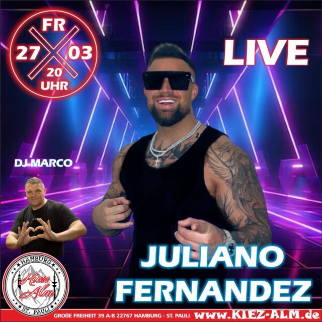 😎 @julianofernandezz AM FREITAG DEN 27.03 LIVE 🎙️IN DER KIEZ ALM HAMBURG 🤩
@dj_marco_meibom wird alles geben um Euch zu Unterhalten und gemeinsam die Alm zum WACKELN bringen !
Wir freuen uns auf Dich!
WIR SIND PARTY ❗️
KOMM IN DEINEN #lieblingsclub
#kiezalmhamburg #kiezalm #großefreiheit #reeperbahnhamburg