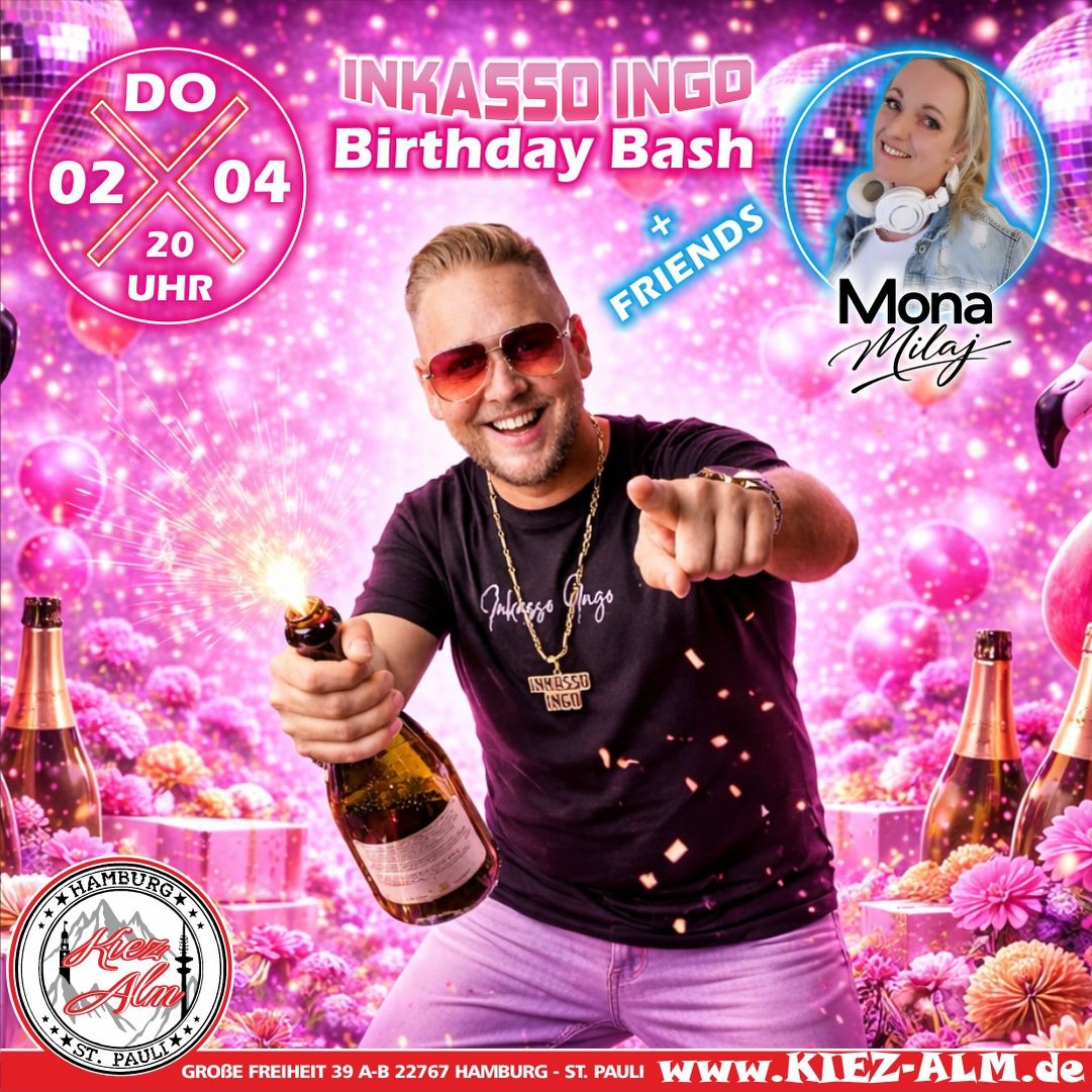 🎂 BIRTHDAY BASH VON @inkasso.ingo + FRIENDS AM DONNERSTAG DEN 02.04 LIVE 🎙️IN DER KIEZ ALM HAMBURG 🚀 VERPASST ES NICHT - DENN DIESES EVENT WIRD LEGENDÄR 🍾
@mona_milaj wird alles geben um Euch zu Unterhalten und gemeinsam die Alm zum WACKELN bringen - GARANTIERT !
Wir freuen uns auf Dich!
WIR SIND PARTY ❗️
KOMM IN DEINEN #lieblingsclub
#kiezalmhamburg #kiezalm #großefreiheit #reeperbahnhamburg