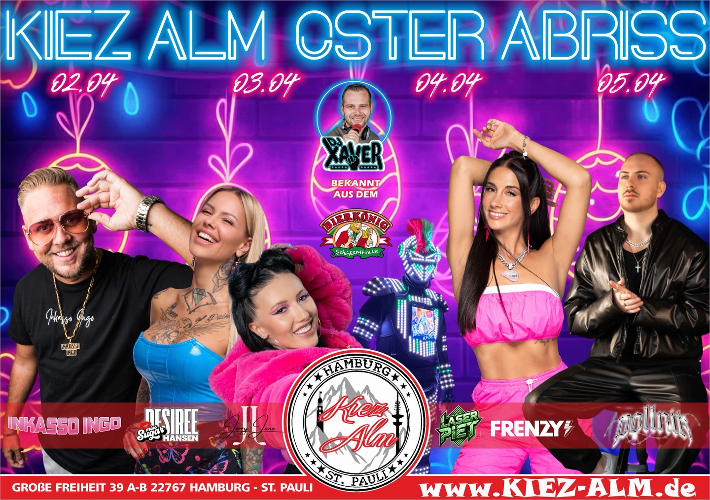 🐰 KIEZ ALM OSTER ABRISS 🚀 DAS WERDEN LEGENDÄRE 4 TAGE IN DER @kiezalm.hamburg 🤩
🎂 DO 02.04 @inkasso.ingo + FRIENDS - BIRTHDAY BASH
🎙️ FR 03.04 @desireehansen @jerryjane._
⚽️ SA 04.04 PUBLIC VIEWING HSV - AUGSBURG
🎙️ SA 04.04 @frenzy_offiziell ⚡️
🎧 SA 04.04 @djxaver_official & @laser_piet
🚀 SO 05.04 @justinpollnik OSTer PARTY
🎧 SO 05.04 @milkauluemmel
UNSER TOP DJ TEAM WIRD DIE ALM
ZUM WACKELN BRINGEN 🪩
@dj_gary_offiziell
@djxaver_official
@dj_marco_meibom
@carsten.jahnke.dj
@mona_milaj
@milkauluemmel
@marknightish
WIR SIND PARTY ‼️
Komm in dein #lieblingsclub
#kiezalmhamburg #kiezalm #großefreiheit reeperbahnhamburg