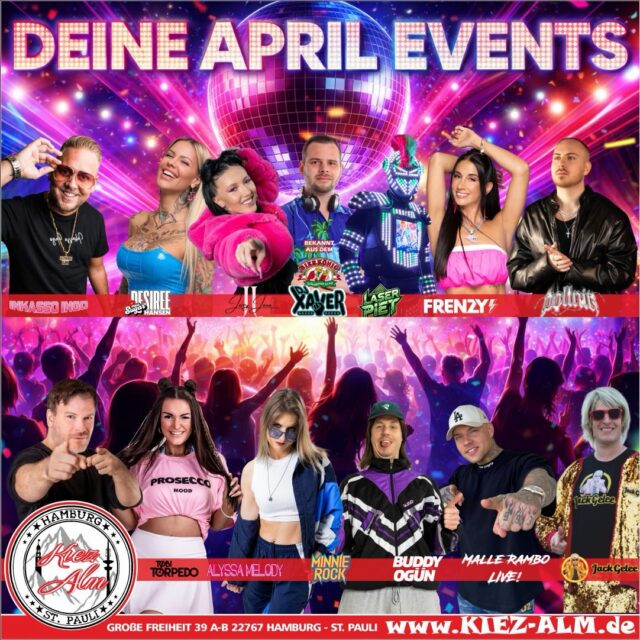 🤩 UNSER APRIL PROGRAMM 🍺 IN DER KIEZ ALM HAMBURG 🚀
🎂 DO 02.04 @inkasso.ingo + FRIENDS BIRTHDAY BASH
🎙️ FR 03.04 @desireehansen - @jerryjane._ @djxaver_official
⚽️ SA 04.04 HSV PUBLIC VIEWING
🎙️ SA 04.04 @frenzy_offiziell & @laser_piet -@djxaver_official
🎧 SO 05.04 @justinpollnik
🍺 DO 09.04 GIB MIR FÜNF MALLE PARTY
🎙️ FR 10.04 @tobi_torpedo_offiziell & @alyss_amelody
🎙️ SA 11.04 @minnierock
⚽️ SO 12.04 HSV PUBLIC VIEWING
🍺 DO 16.04 GIB MIR FÜNF MALLE PARTY
🍺 FR 17.04 FREAKY FRIDAY @carsten.jahnke.dj
⚽️ SA 18.04 HSV PUBLIC VIEWING @hanserautisch
🎙️ SA 18.04 @buddyoguenofficial
🍺 DO 23.04 GIB MIR FÜNF MALLE PARTY
🎙️ FR 24.04 @malle_rambo_official
⚽️ SA 25.04 HSV PUBLIC VIEWING
🎙️ SA 25.04 @jack_gelee
🕺 DO 30.04 TANZ IN DEN MAI @dj_marco_meibom
@dj_gary_offiziell
@dj_marco_meibom
@carsten.jahnke.dj
@mona_milaj
@milkauluemmel
@marknightish
WIR SIND PARTY ‼️
Komm in dein #lieblingsclub
#kiezalmhamburg #kiezalm