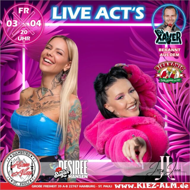 🤩 AM FREITAG DEN 03.04.26 - @desireehansen & @jerryjane._ BEI UNS LIVE 🎙️IN DER KIEZ ALM HAMBURG 😍
@djxaver_official extra angereist aus dem @bierkoenigmallorca wird alles geben zusammen mit @laser_piet um Euch zu Unterhalten und gemeinsam die Alm zum WACKELN bringen !
Wir freuen uns auf Dich! *ES IST KEIN AUFTRITT SONDERN NUR DIE OFFIZIELLE AFTERSHOW PARTY !
WIR SIND PARTY ❗️
KOMM IN DEINEN #lieblingsclub
#kiezalmhamburg #kiezalm #großefreiheit #reeperbahnhamburg