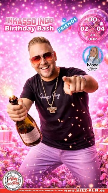 🎂 BIRTHDAY BASH VON @inkasso.ingo + FRIENDS AM DONNERSTAG DEN 02.04 LIVE 🎙️IN DER KIEZ ALM HAMBURG 🚀 VERPASST ES NICHT - DENN DIESES EVENT WIRD LEGENDÄR 🍾
@mona_milaj wird alles geben um Euch zu Unterhalten und gemeinsam die Alm zum WACKELN bringen - GARANTIERT !
Wir freuen uns auf Dich!
WIR SIND PARTY ❗️
KOMM IN DEINEN #lieblingsclub
#kiezalmhamburg #kiezalm #großefreiheit #reeperbahnhamburg