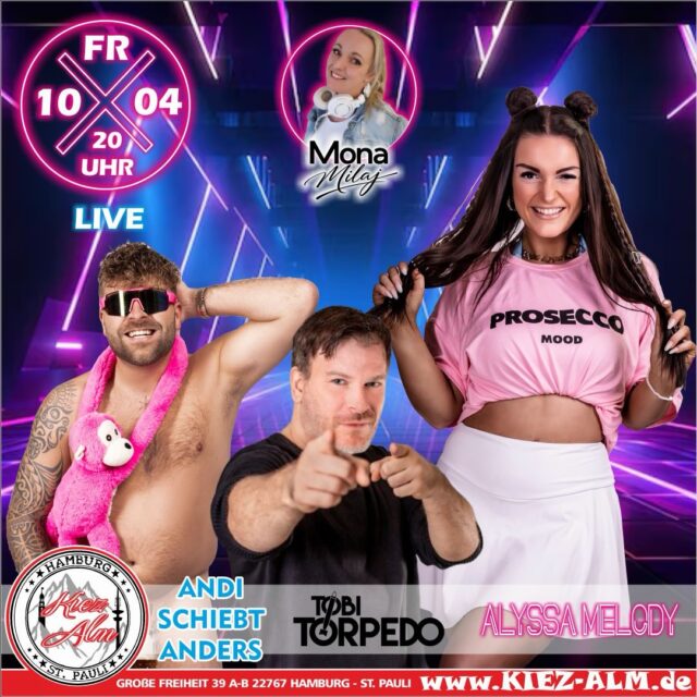 🤩 AM FREITAG DEN 10.04 LIVE 🎙️IN DER KIEZ ALM HAMBURG 😎 @andischiebtanders - @alyss_amelody & @tobi_torpedo_offiziell
@mona_milaj wird alles geben um Euch zu Unterhalten und gemeinsam die Alm zum WACKELN bringen !
Wir freuen uns auf Dich!
WIR SIND PARTY ❗️
KOMM IN DEINEN #lieblingsclub
#kiezalmhamburg #kiezalm #großefreiheit #reeperbahnhamburg