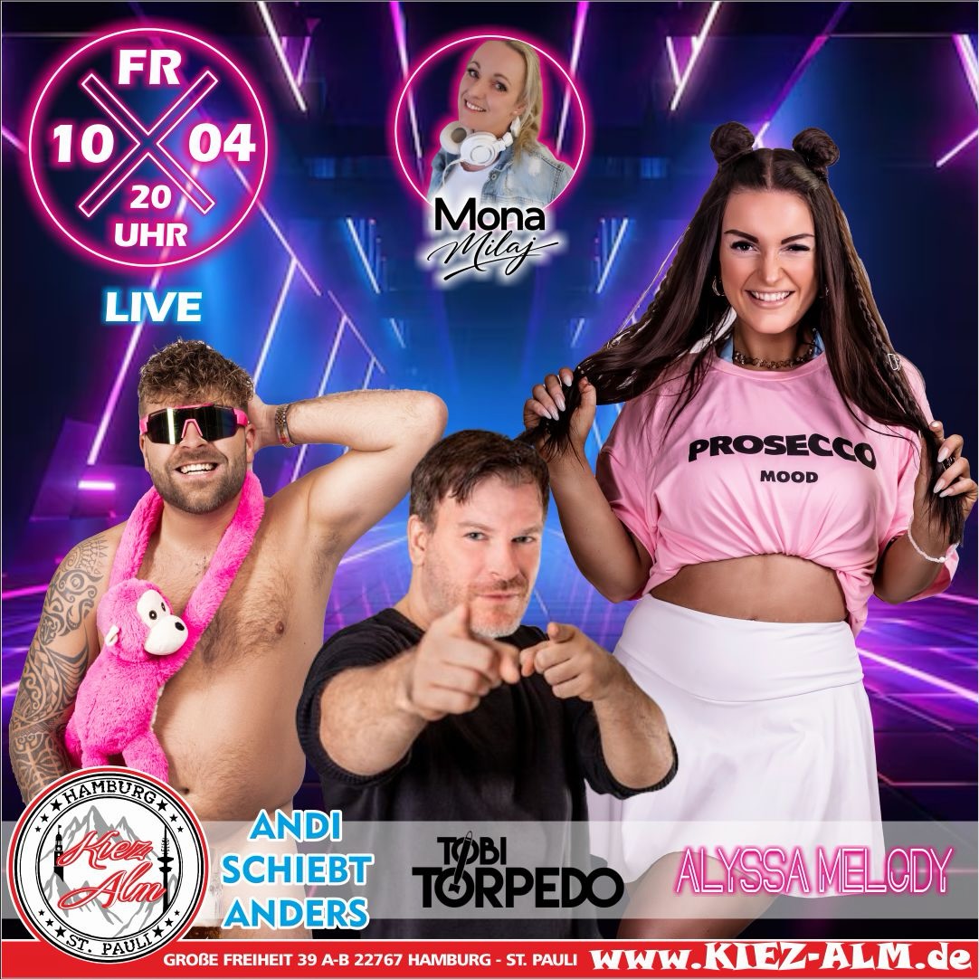 🤩 AM FREITAG DEN 10.04 LIVE 🎙️IN DER KIEZ ALM HAMBURG 😎 @andischiebtanders - @alyss_amelody & @tobi_torpedo_offiziell
@mona_milaj wird alles geben um Euch zu Unterhalten und gemeinsam die Alm zum WACKELN bringen !
Wir freuen uns auf Dich!
WIR SIND PARTY ❗️
KOMM IN DEINEN #lieblingsclub
#kiezalmhamburg #kiezalm #großefreiheit #reeperbahnhamburg