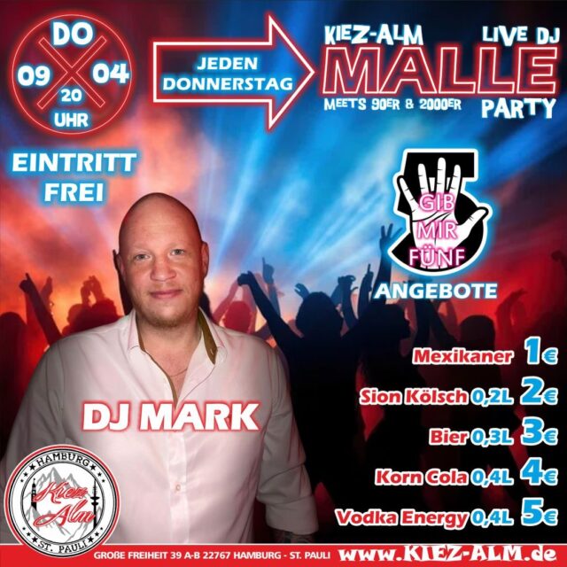 HEUTE 🥳 KIEZ ALM MALLE PARTY 🤩 JEDEN DONNERSTAG AB 20 UHR 🪩 MIT DJ @marknightish - EINTRITT FREI
👋 GIB MIR FÜNF 👋
Mexikaner - 1€
Sion Kölsch 0.2L - 2€
Bier 0.3L - 3€
Korn Cola 0.4L - 4€
Vodka Energy - 5€
Wir freuen uns auf Dich!
KOMM IN DEINEN #lieblingsclub
#kiezalmhamburg #kiezalm #großefreiheit #reeperbahnhamburg